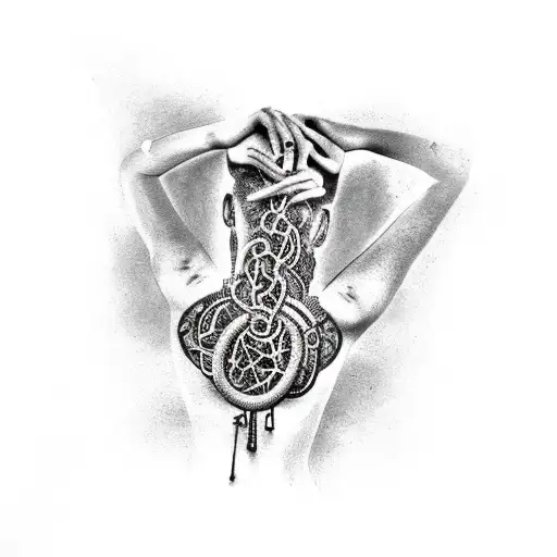 woman upper half of body with hands covering face with chains around body and fiery cracks in body tattoo design idea