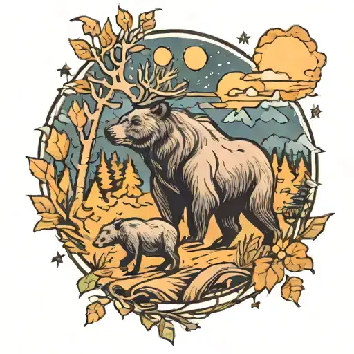 bear and moose forest shooting star tattoo design idea