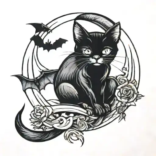cat in crescent moon with bats tattoo design idea