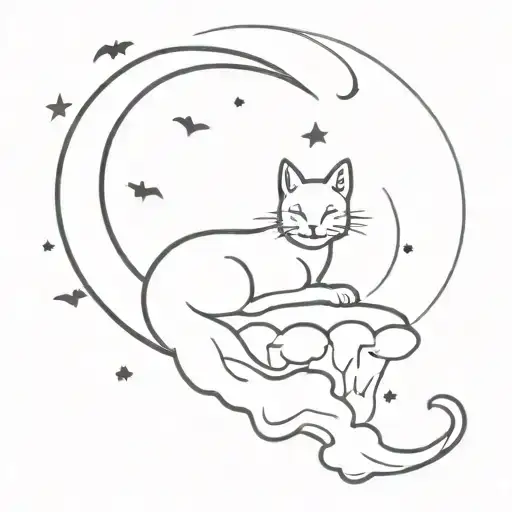 cat in a crescent moon with clouds and bats tattoo design idea