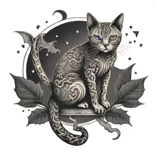  full body cat in crescent moon with bats tattoo design idea