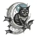 cat in crescent moon with bats tattoo design idea