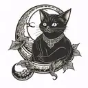 cat in crescent moon with bats tattoo design idea