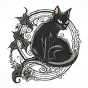cat in crescent moon with bats tattoo design idea