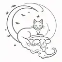 cat in a crescent moon with clouds and bats tattoo design idea