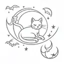 cat in a crescent moon with clouds and bats tattoo design idea