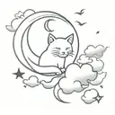 cat in a crescent moon with clouds and bats tattoo design idea