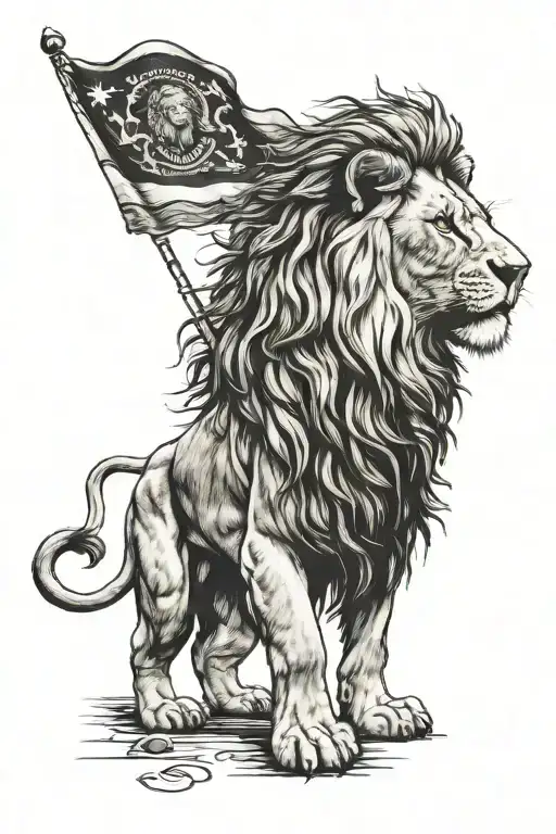 Lion with Gadsden flag waving proudly in front tattoo design idea
