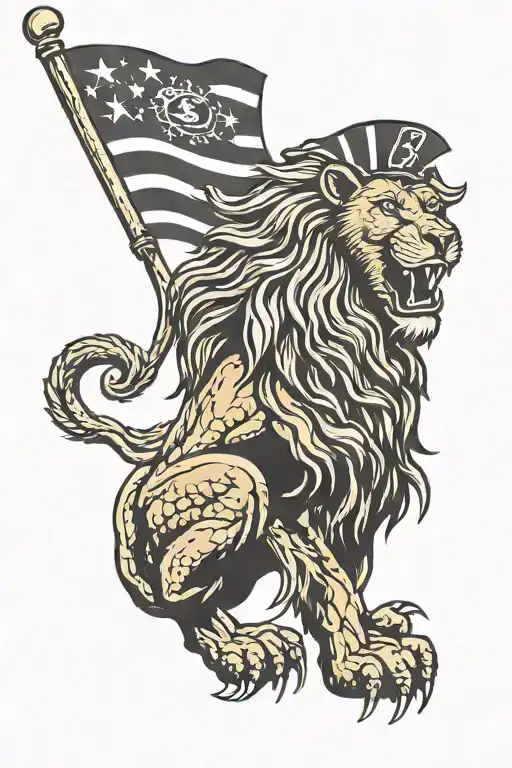 Lion with Gadsden flag waving tattoo design idea