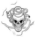 Skull with snake going through it surrounded by skulls and thorns going around the arm. tattoo design idea