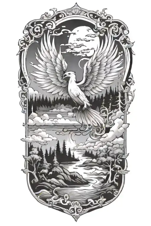 I want a forest orizon with waves on the bottom and a phoenix in the sky with no borders tattoo design idea
