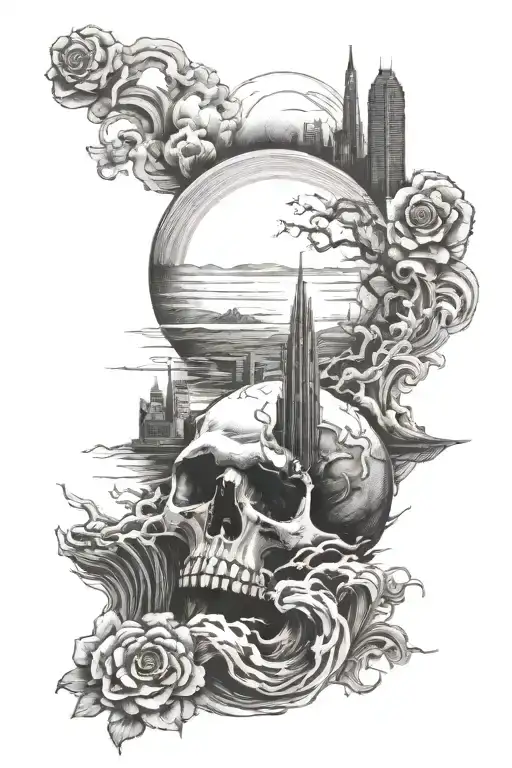 I want a skyline with waves on the bottom and a skull-moon tattoo design idea