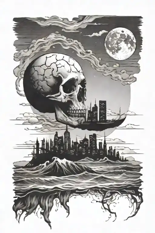 I want a natural skyline with waves on the bottom and a skull-moon in the sky tattoo design idea