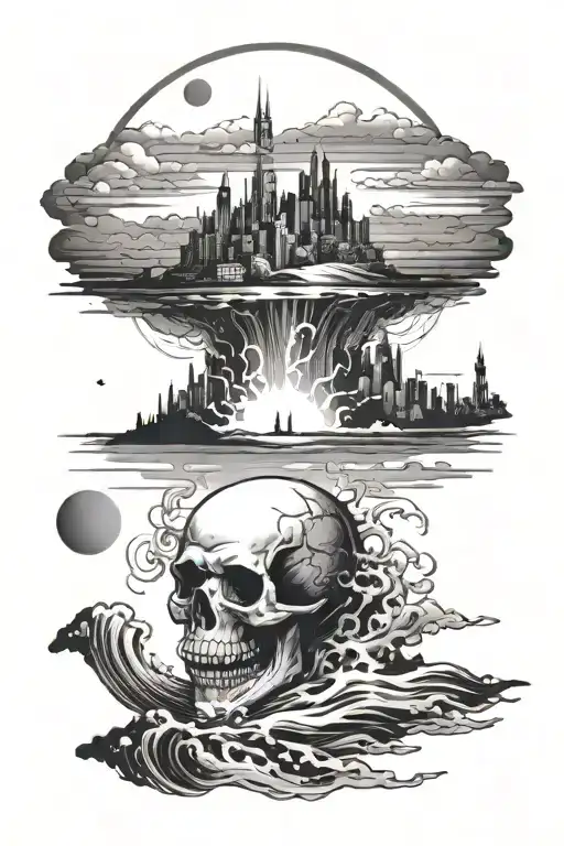 I want a natural skyline with waves on the bottom and a skull-moon tattoo design idea