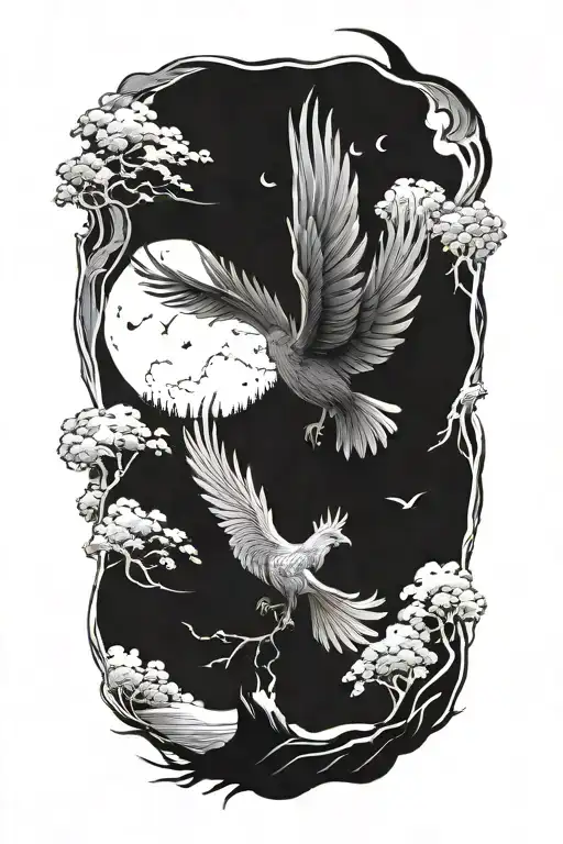 I want a forest orizon with waves on the bottom and a phoenix in the sky without borders tattoo design idea