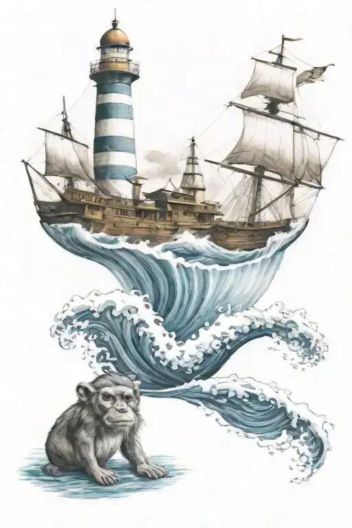wave ship monkeys tattoo design idea