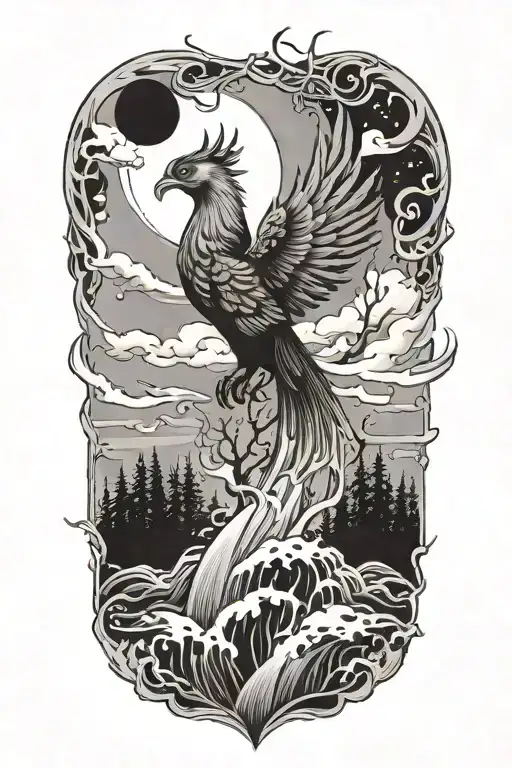 I want a forest orizon with waves on the bottom and a phoenix in the sky tattoo design idea