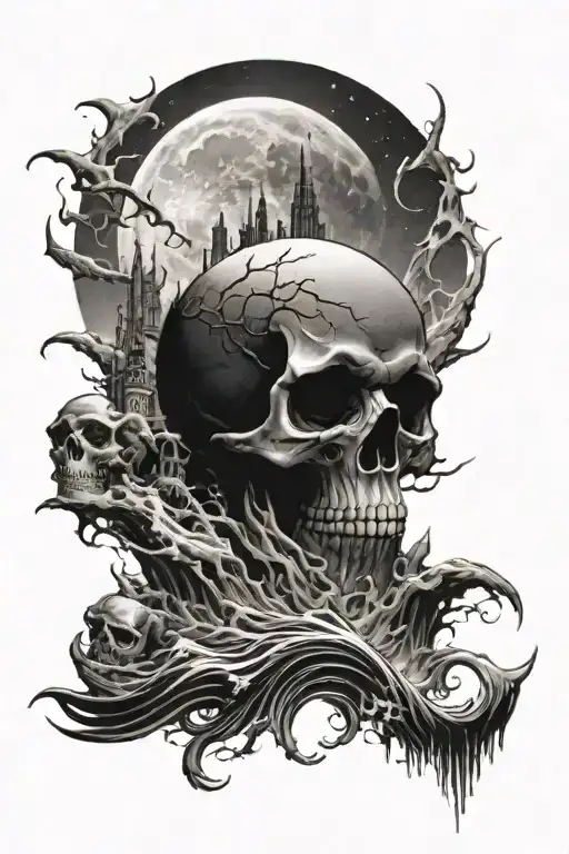 I want a skyline with waves on the bottom and a skull-moon tattoo design idea