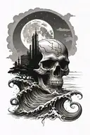 I want a skyline with waves on the bottom and a skull-moon tattoo design idea