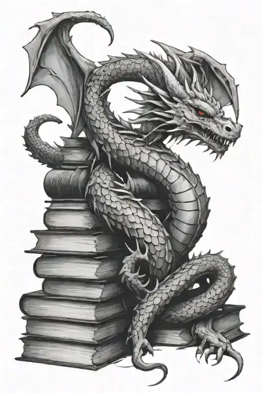 stunning gothic tattoo design of a dragon coiled around stack of books tattoo design idea