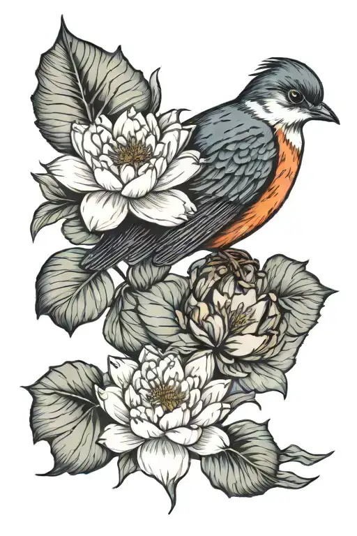 water lilly carnations primrose with a robin sitting tattoo design idea