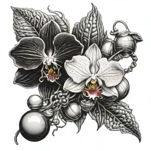 An intricate tattoo design of an orchid flower intertwined with pétanque balls and production machinery tattoo design idea