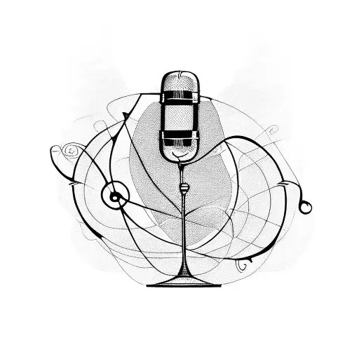 A blackwork tattoo of a vintage microphone surrounded by musical notes and lyrics tattoo design idea