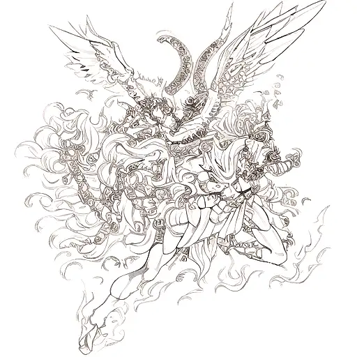 A mythical creature from Greek mythology engaged in a fierce battle, with intricate details and shading to capture the intensity of war. tattoo design idea