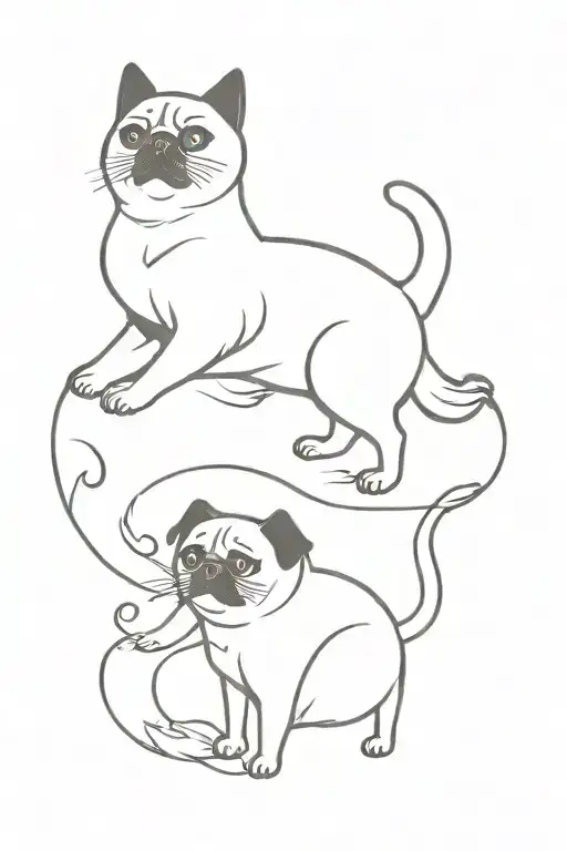 A Persian cat and a pug  shaking paws abstract design  tattoo design idea
