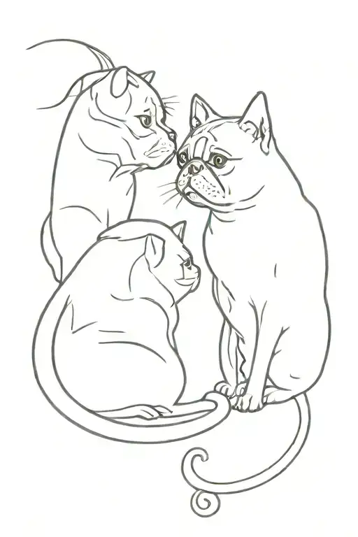 A cat and a pug looking at each other tattoo design idea