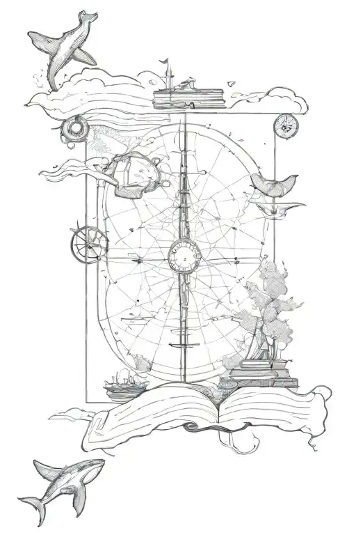 A fine line tattoo, books, 3 whales materics map, compass  tattoo design idea