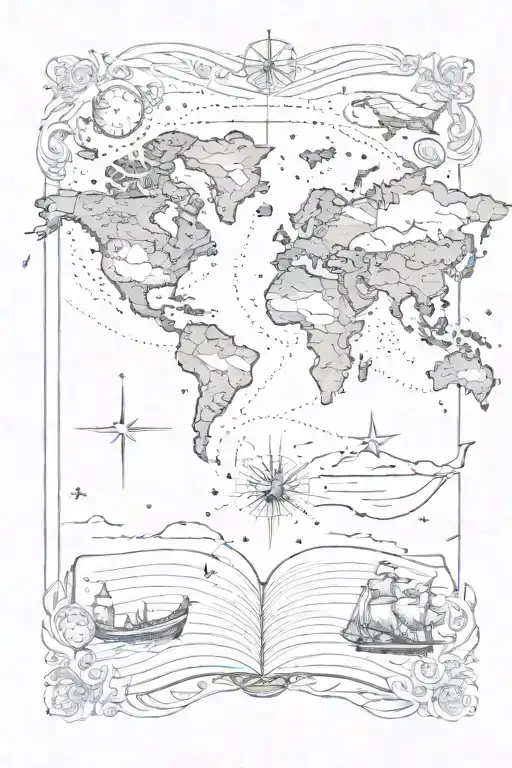 A fine line tattoo, books, 3 whales, world map, compass, small shining stars  tattoo design idea