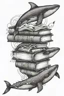 A fine line tattoo sketch of a vertical design with three whales next to each other, the contour of the world, books, a  tattoo design idea