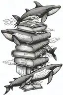 A fine line tattoo sketch of a vertical design with three whales next to each other, the contour of the world, books, a  tattoo design idea