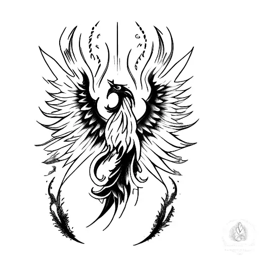 A captivating black and grey tattoo of a phoenix rising from ashes, representing resilience and rebirth tattoo design idea