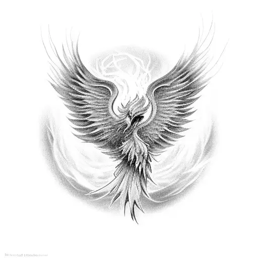 A captivating black and grey tattoo of a phoenix rising from ashes, representing resilience and rebirth tattoo design idea