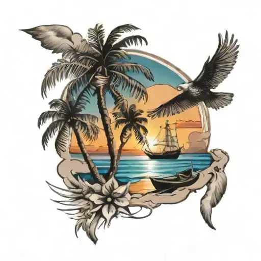 beach, boat, birds, palm trees and sunset tattoo design idea