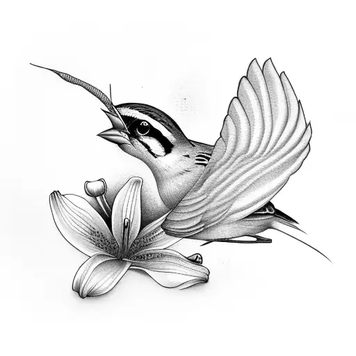 Sparrow with Lily flower tattoo design idea