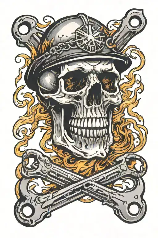 skull and spanners darkness fire tattoo design idea