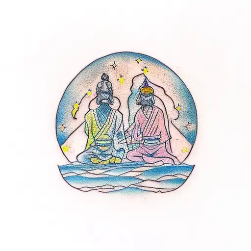 A traditional style tattoo depicting a Jedi and a bender meditating under a starry night sky tattoo design idea