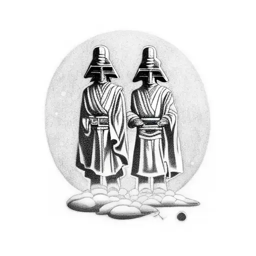A traditional style tattoo depicting a Jedi and a bender meditating under a starry night sky tattoo design idea