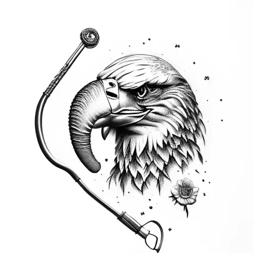 eagle head and elephant head and fishing pole and rose and marigold and whisk tattoo design idea