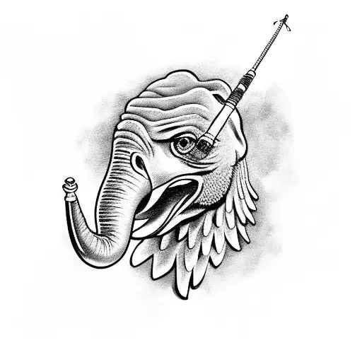 eagle head with elephant head and fishing pole and rose and marigold and whisk tattoo design idea