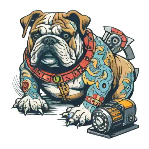A bulldog with a TV screen as its belly, showing a roulette wheel tattoo design idea