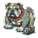 A bulldog with a TV screen as its belly, showing a roulette wheel tattoo design idea