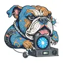 A bulldog with a TV screen as its belly, showing a roulette wheel tattoo design idea