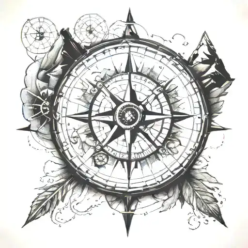 old sea compass with stary mountains around compass with ikigai inscribed on arrows tattoo design idea