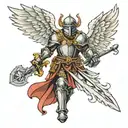 a winged knight holding a sword with an evil wing and an angel wing tattoo design idea