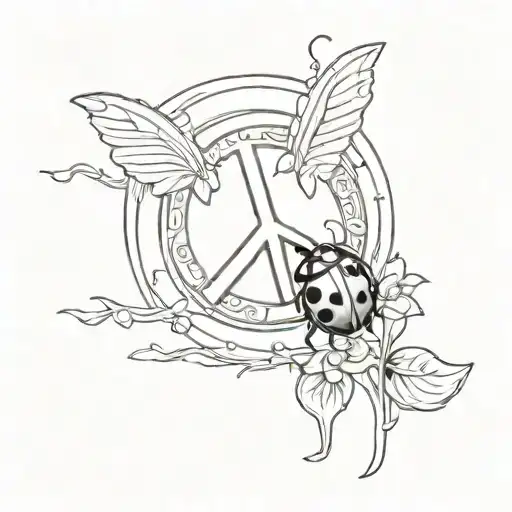 peace sign and a lady bug seating on the edge of the sign  tattoo design idea