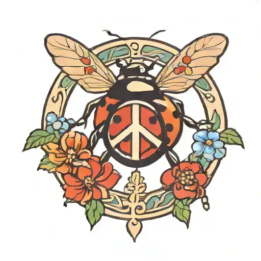 peace sign with lady bug on top  tattoo design idea